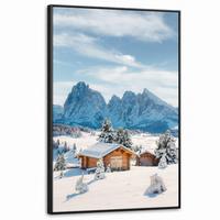 LEINWAND Bilder mit Rahmen - Winter - Hütte - Berge - Aussicht - Schnee - 100x150 - Eichefarben, Textil (100/150cm) - MuchoWow