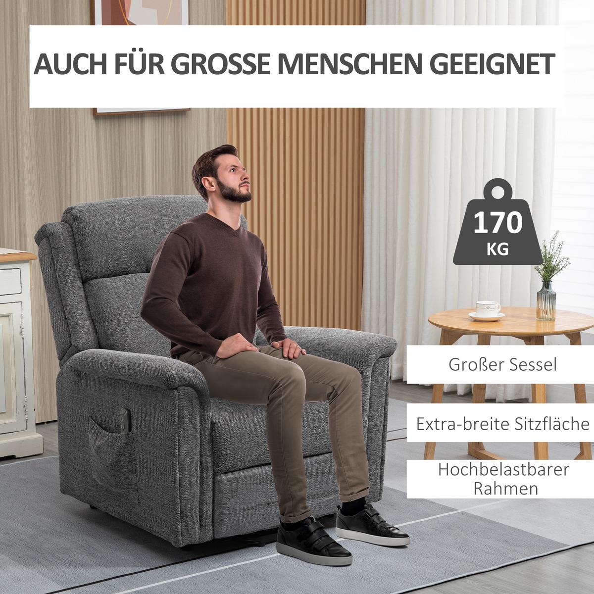 FERNSEHSESSEL mit Aufstehhilfe, Grau - Schwarz/Grau, Textil/Metall (87/108/92cm) - HOMCOM