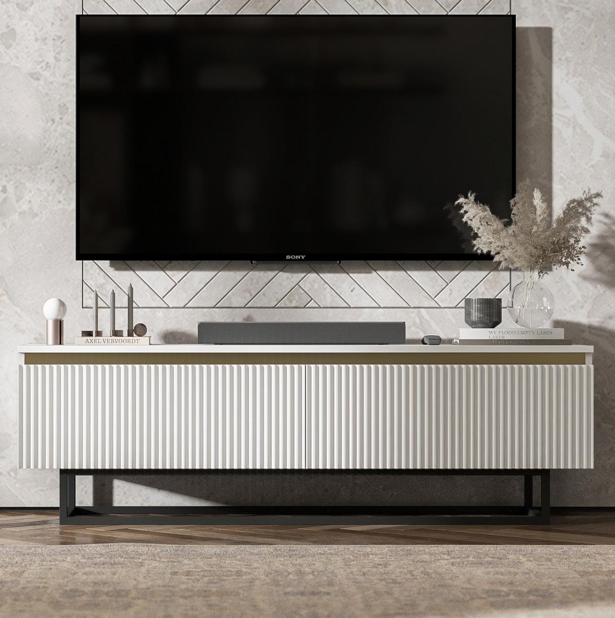 TV-SCHRANK Selene Weiß Matt mit Metallrahmen 140 cm - Schwarz/Weiß, Holzwerkstoff/Metall (140/44/35cm) - Meble Lindner