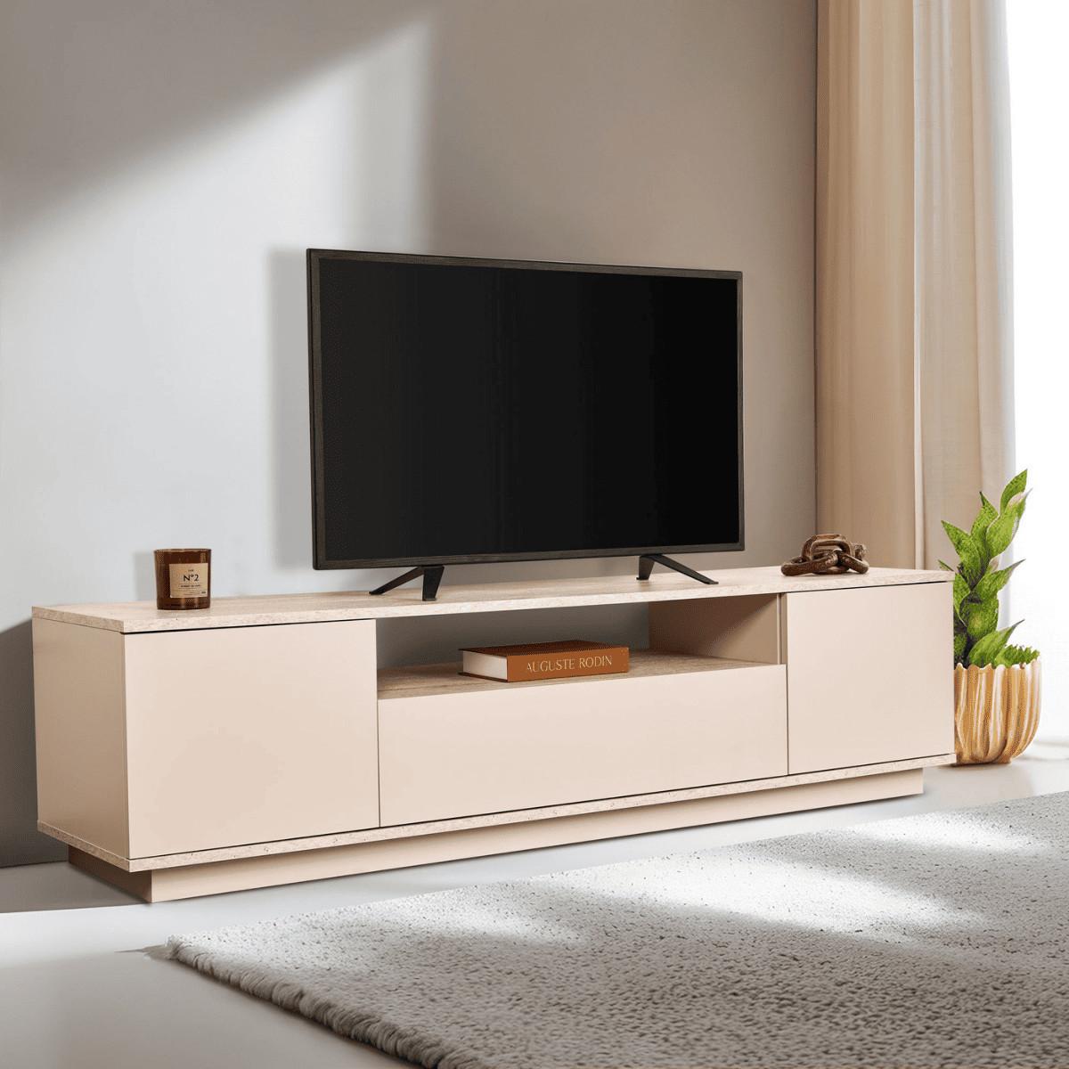 TV furniture with 3 folding doors and 1 niche, L180 cm - Beige, Holzwerkstoff (44.5/44.6/12cm) - Calicosy