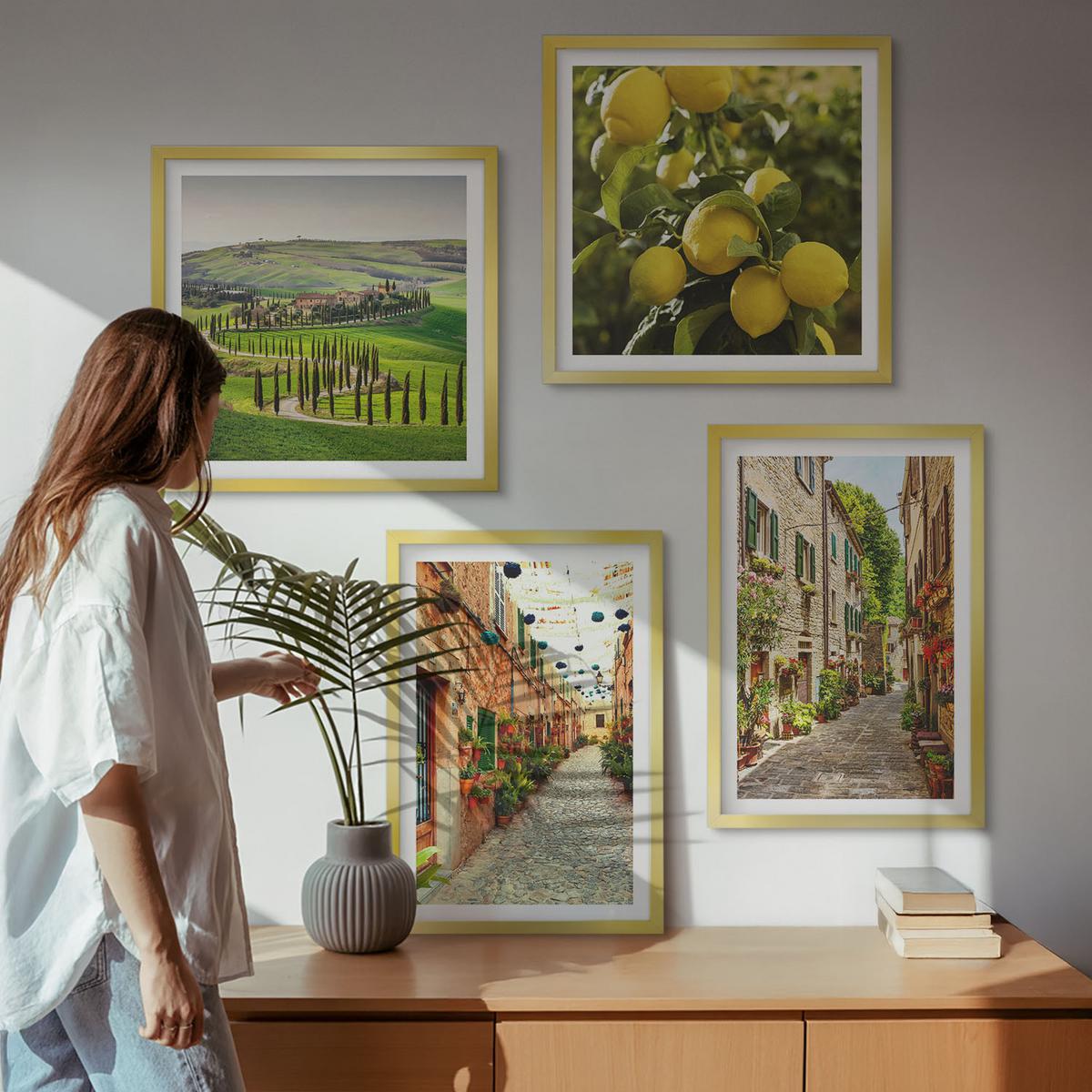 BILDER SET 4er Set - 50x50 cm & 40x60 cm Goldrahmen - Bezaubernde Straßen voller Zitronenblüten - Goldfarben, Kunststoff (50/50cm) - TULUP