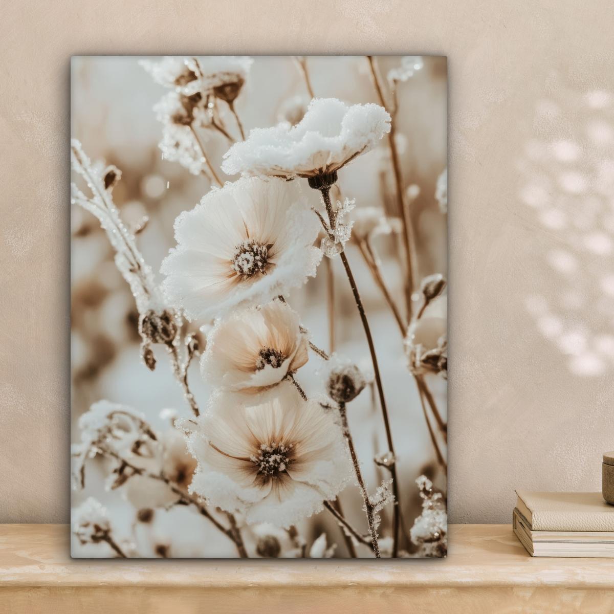 LEINWANDBILD Blumen - Winter - Weiß - Schnee - Beige Room Decor 30x40 cm - Creme, Textil (30/40cm) - MuchoWow