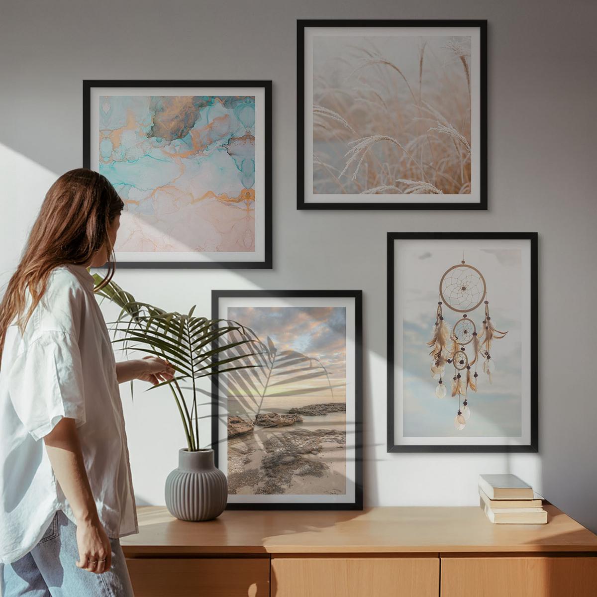 BILDER SET 4er Set - 50x50 cm & 40x60 cm Schwarzer Rahmen - Wolkenmeer, Traumfänger, Gras - Schwarz, Kunststoff (50/50cm) - TULUP