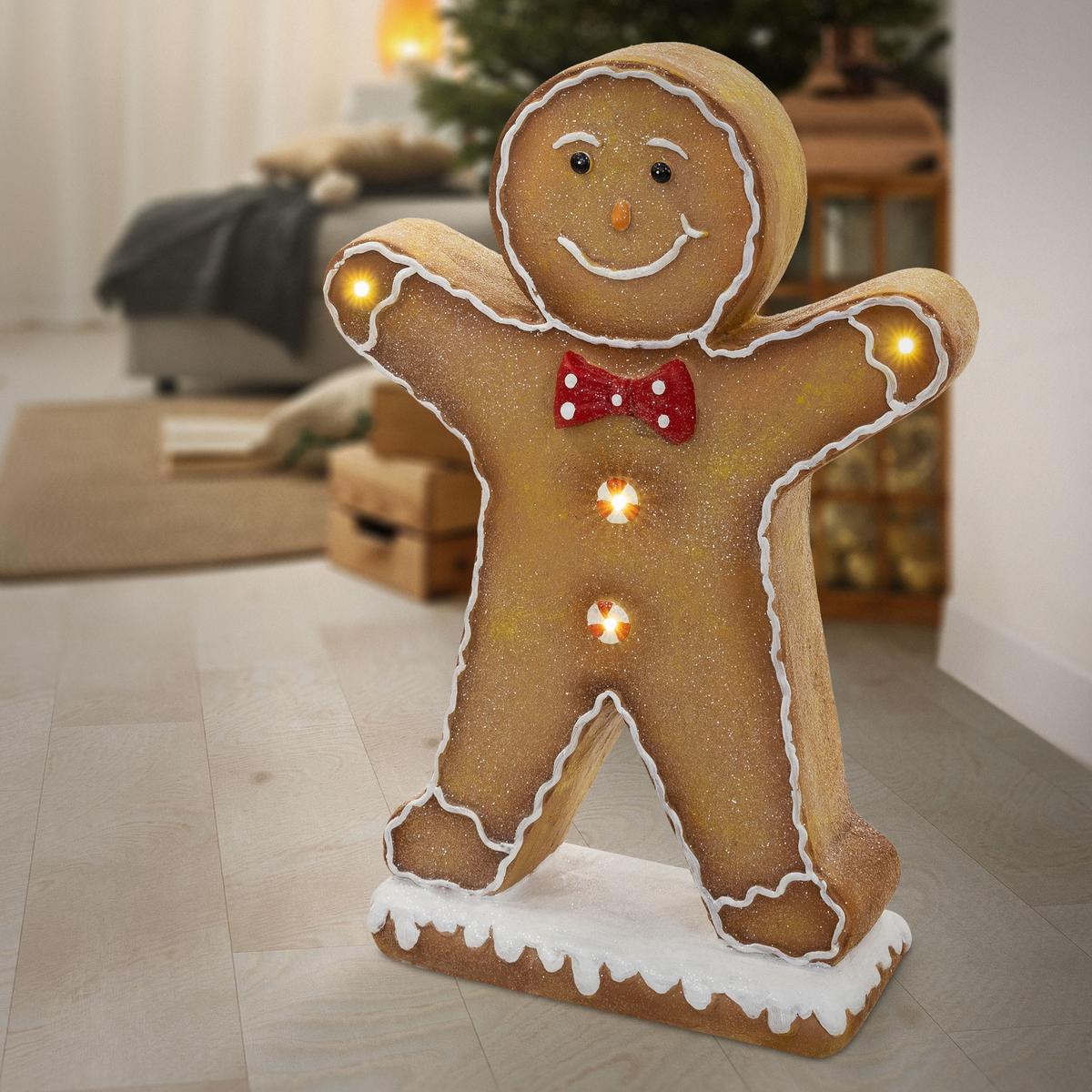 LEBKUCHENMANN-FIGUR mit Fliege 75 cm Weihnachtsdeko Innen mit LED-Beleuchtung - Braun, Stein (50/75/20cm) - ECD-Germany