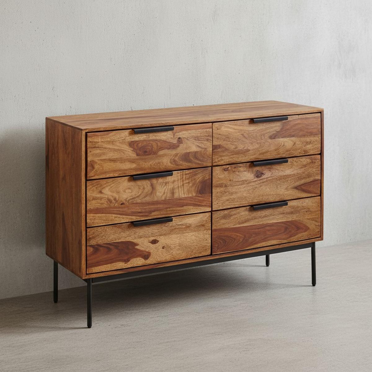 KOMMODE – Massivholz/Metall, 117x80x42 cm, 6 Schubladen, Industrial-Stil - Schwarz/Braun, Holz/Metall (117/80/42cm) - KADIMA DESIGN