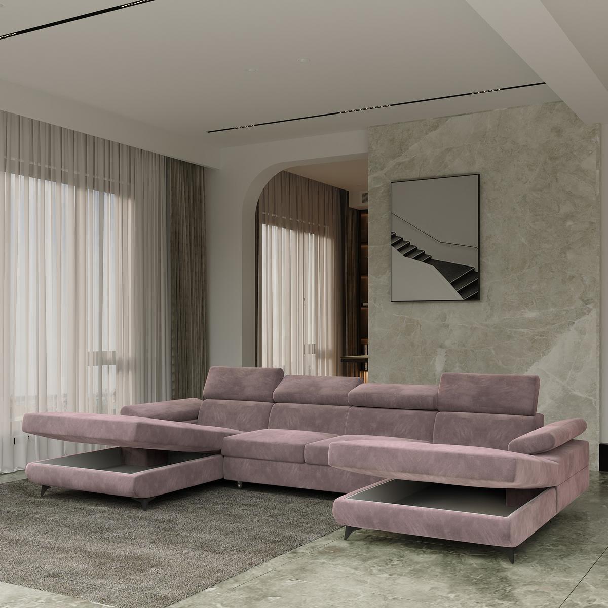WOHNLANDSCHAFT DETTI Lila Velours-Stoff mit Schlaffunktion - Lila, Holz (339/89/190cm) - MASSENO