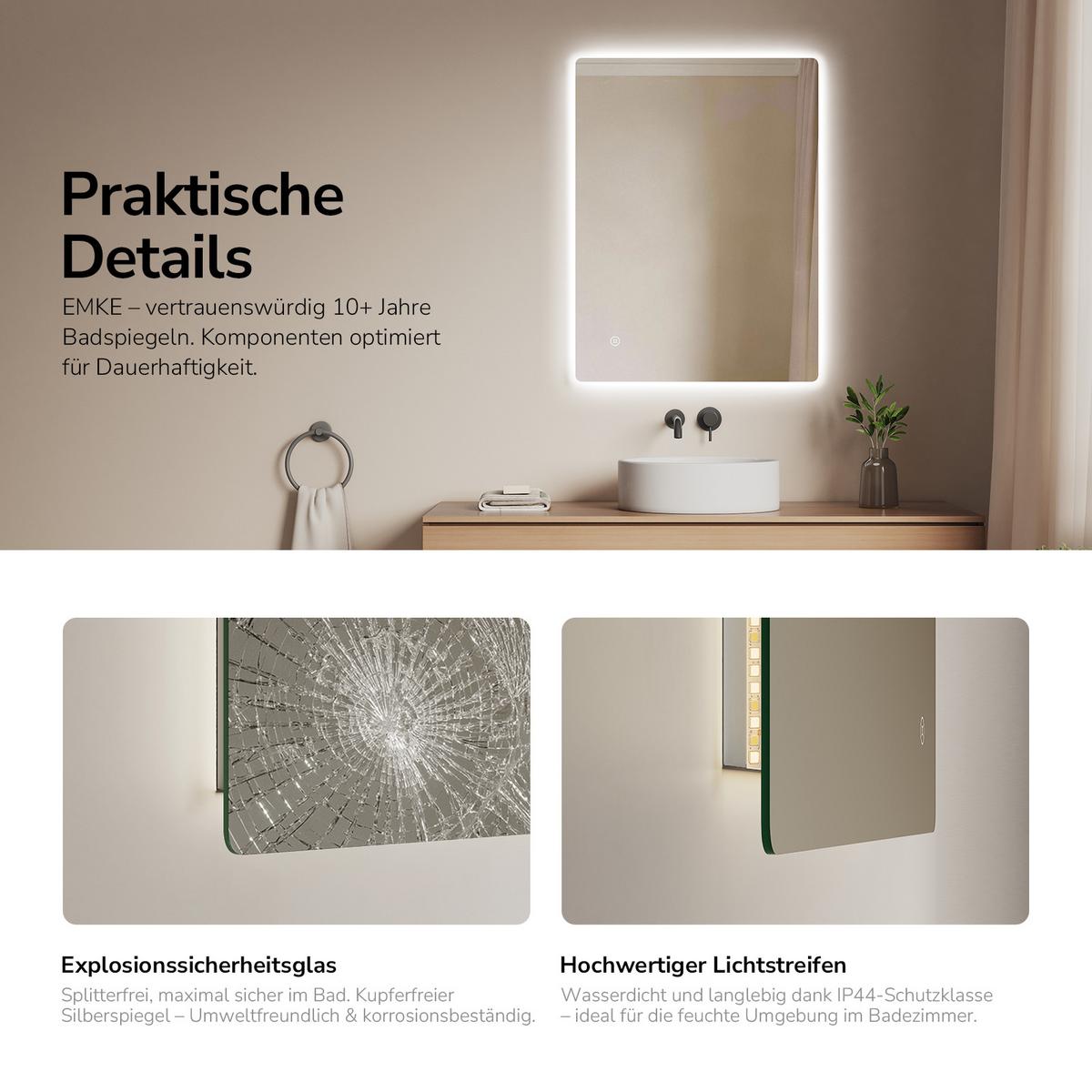 BADSPIEGEL LED abgerundet 3 Farbtemperaturen Touch-Schalter 80/60 cm - Transparent, Glas (80/60/3cm) - EMKE
