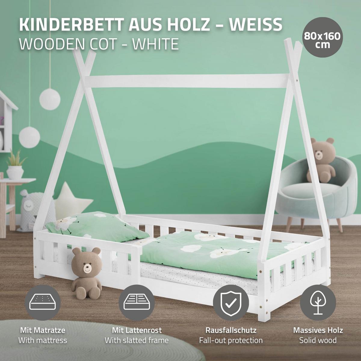 KINDERBETT Tipi mit Matratze 80x160 cm Weiß - Weiß, Holz (80/160cm) - ML-DESIGN