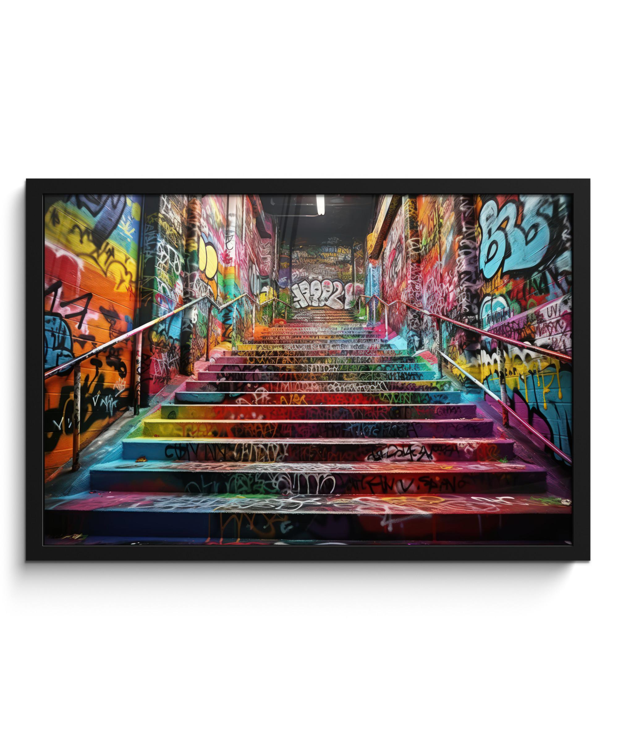 POSTER MIT RAHMEN Treppe - Graffiti - Farben - Kunst 60x40 cm - Multicolor, Papier (60/40cm) - MuchoWow