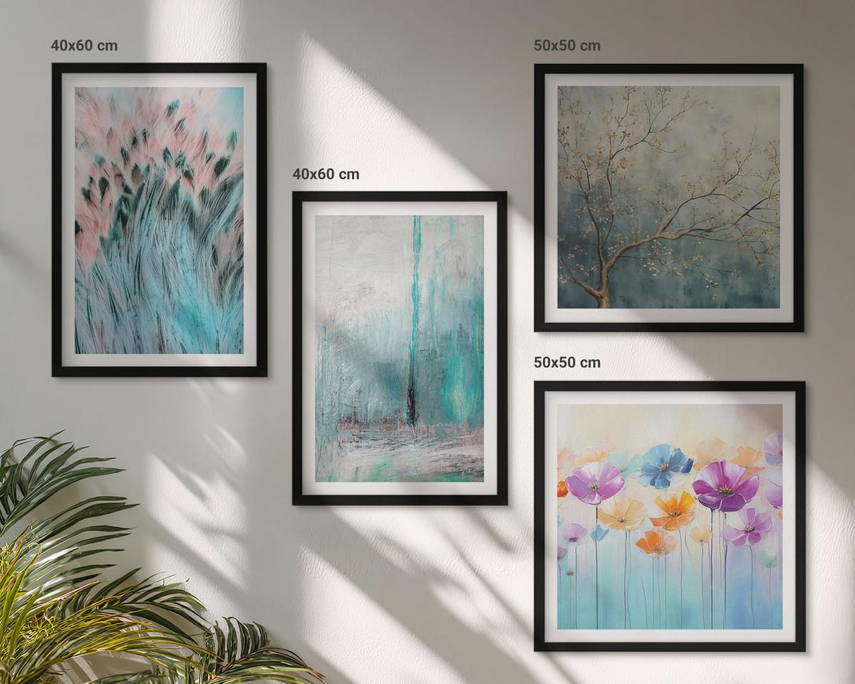 BILDER SET 4er Set - 50x50 cm & 40x60 cm Schwarzer Rahmen - Hintergrundmuster mit Pastellblumen - Schwarz, Kunststoff (50/50cm) - TULUP