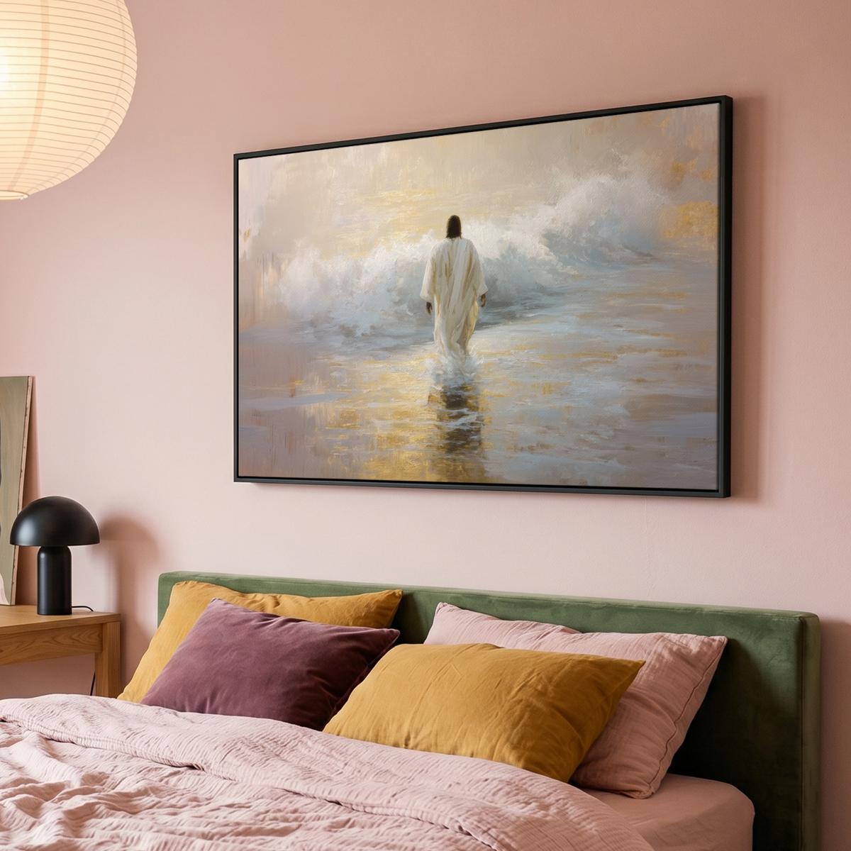 LEINWAND Bilder mit Rahmen - Gemälde - Welle - Jesus - Abstrakt - 120x80 - Goldfarben, Textil (120/80cm) - MuchoWow