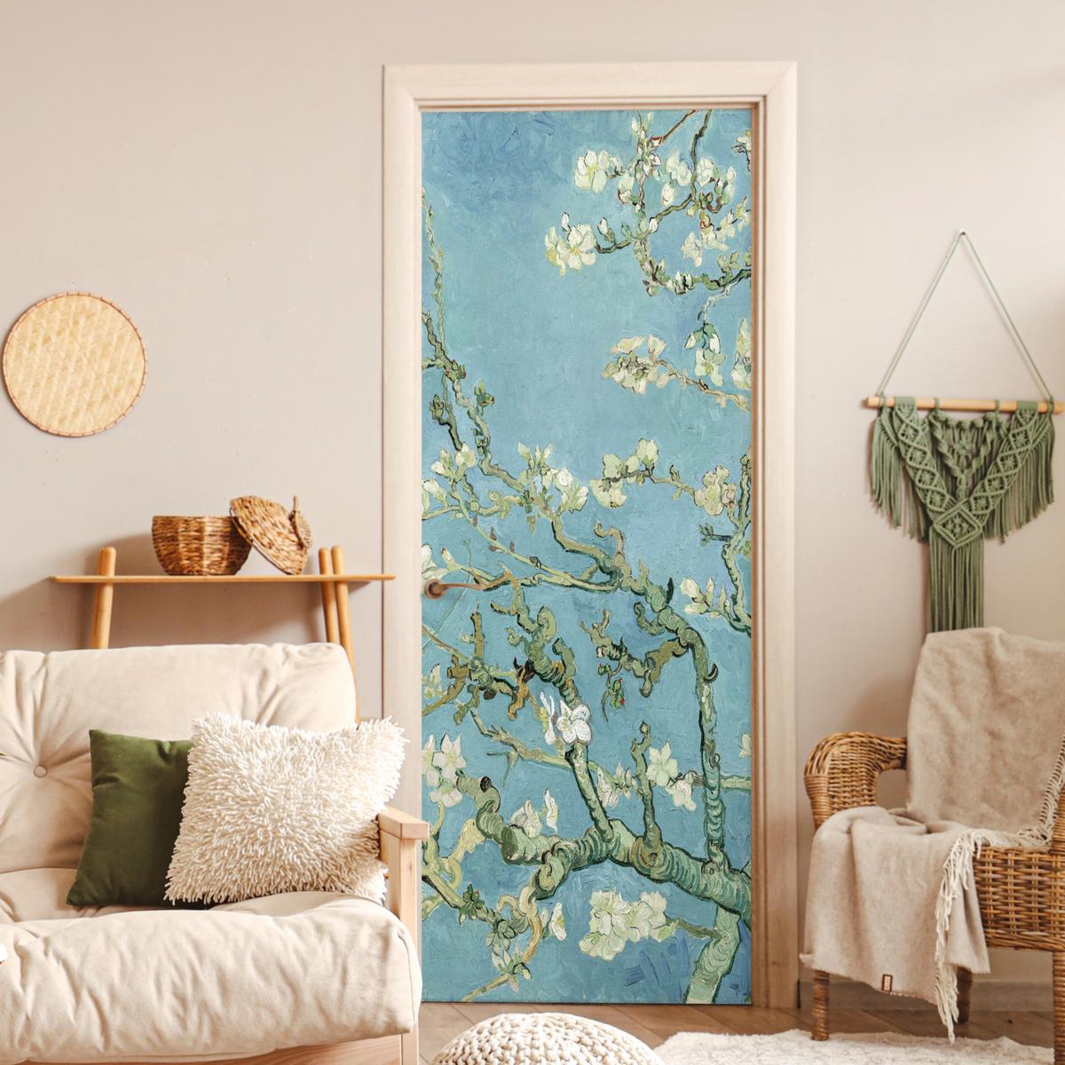 TÜRAUFKLEBER Mandelblüte - Van Gogh - Kunst 90x235 cm - Türtapete - Pastellblau, Kunststoff (90/0.1cm) - MuchoWow