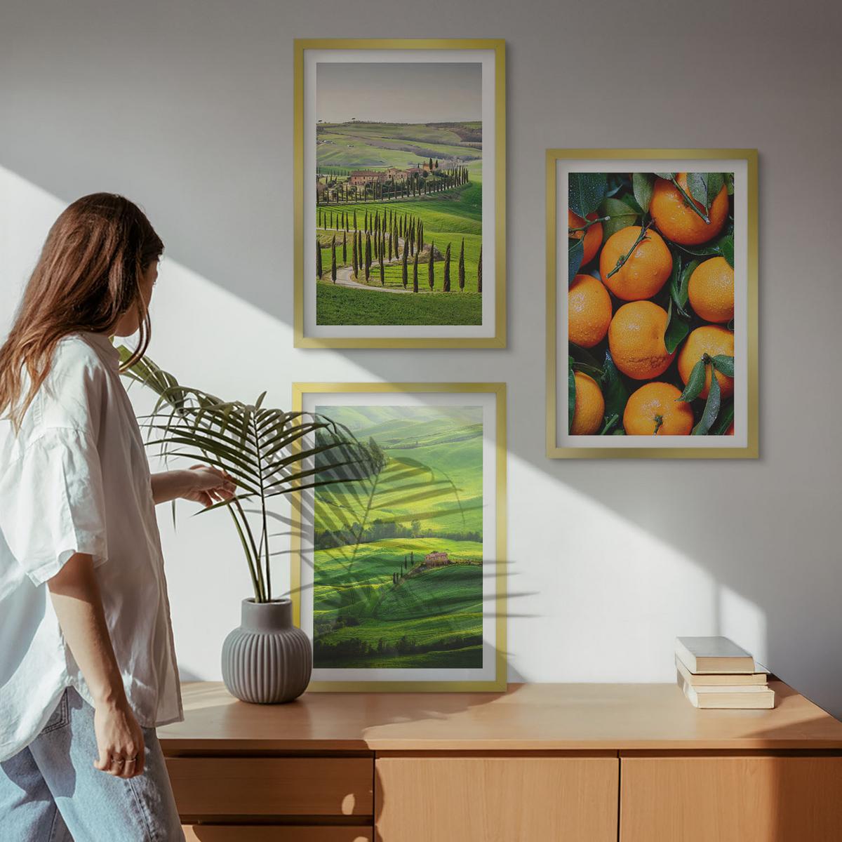 BILDER SET 3er Set - 40x60 cm Goldrahmen - Italienische Landschaft mit Orangen - Goldfarben, Kunststoff (40/60cm) - TULUP