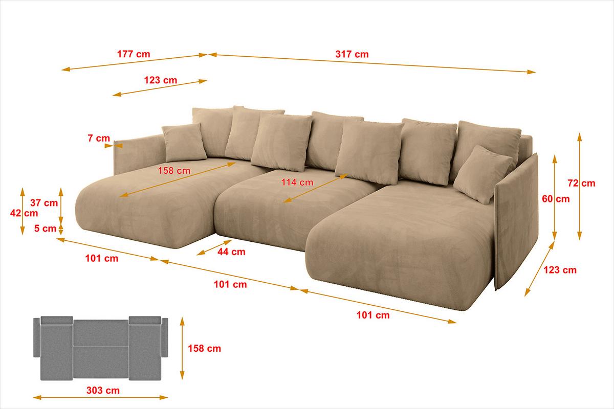 WOHNLANDSCHAFT mit Schlaffunktion und Bettkasten ONESK-U 317x177x72 Beige Velours - Beige, Holzwerkstoff/Kunststoff (317/72/177cm) - ALTDECOR