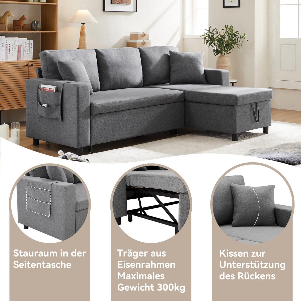 SCHLAFSOFA Modernes 3-Sitzer mit Stoffbezug, Dunkelgrau – Komfortabel, platzsparend, langlebig, 210 x 90 x 85 cm - Grau, Holzwerkstoff/Textil (219/83/143cm) - Urban Meuble
