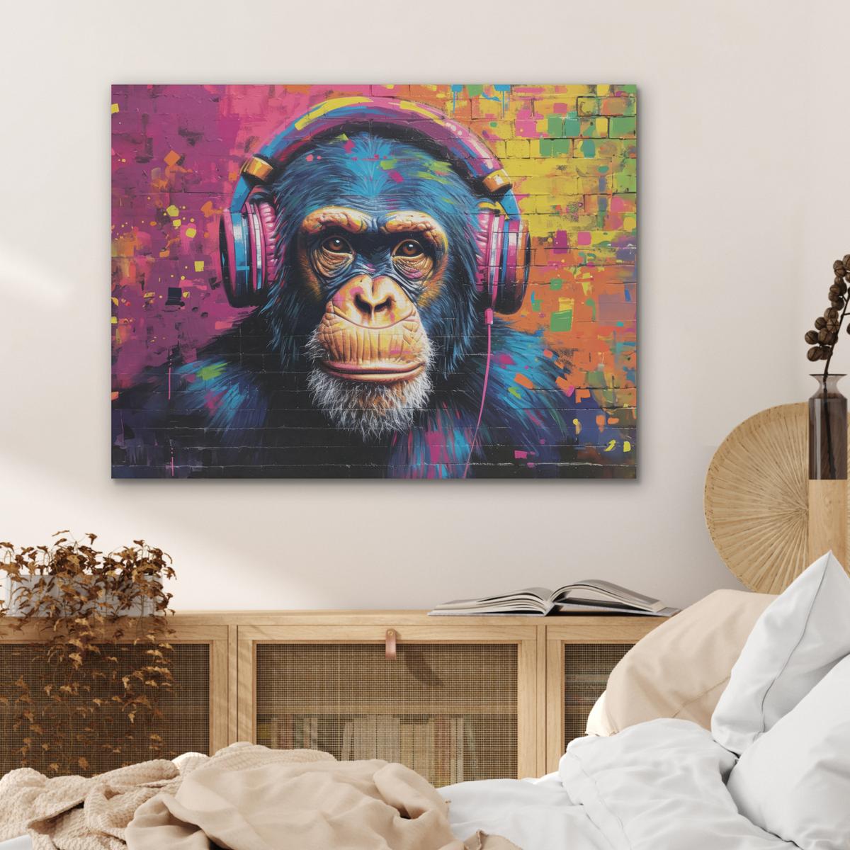 AKUSTIKBILD Graffiti - Schimpanse - Straßenkunst - Kopfhörer - Affe Gemälde 80x60 cm - Blau, Kunststoff (80/60/0.9cm) - MuchoWow