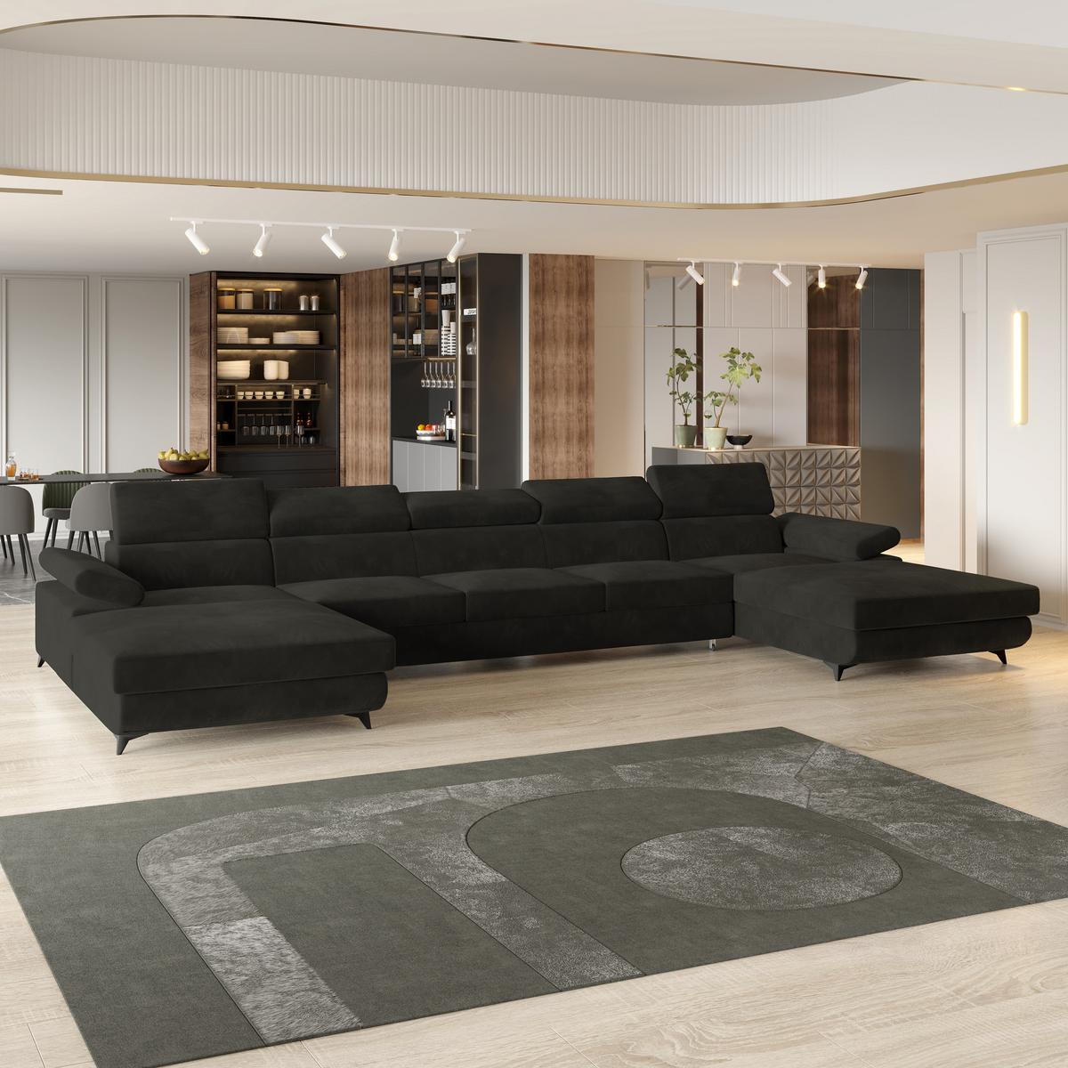 WOHNLANDSCHAFT VIVENTE Schwarz Velours-Stoff mit Schlaffunktion - Schwarz, Holz (410/89/190cm) - MASSENO