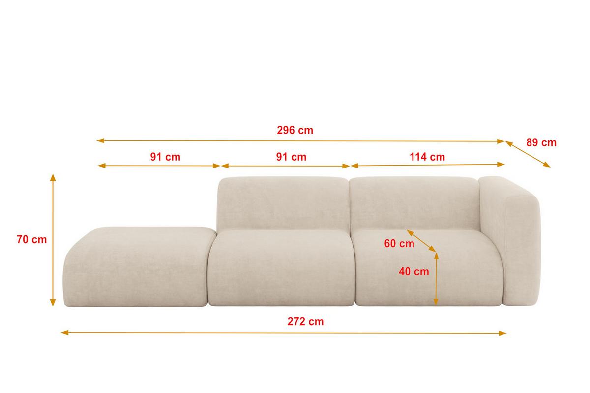 SOFA Ottomane Rechts MIRA-S3 296x89x70 Beige Velours - Greige/Beige, Holzwerkstoff/Kunststoff (296/70/89cm) - ALTDECOR