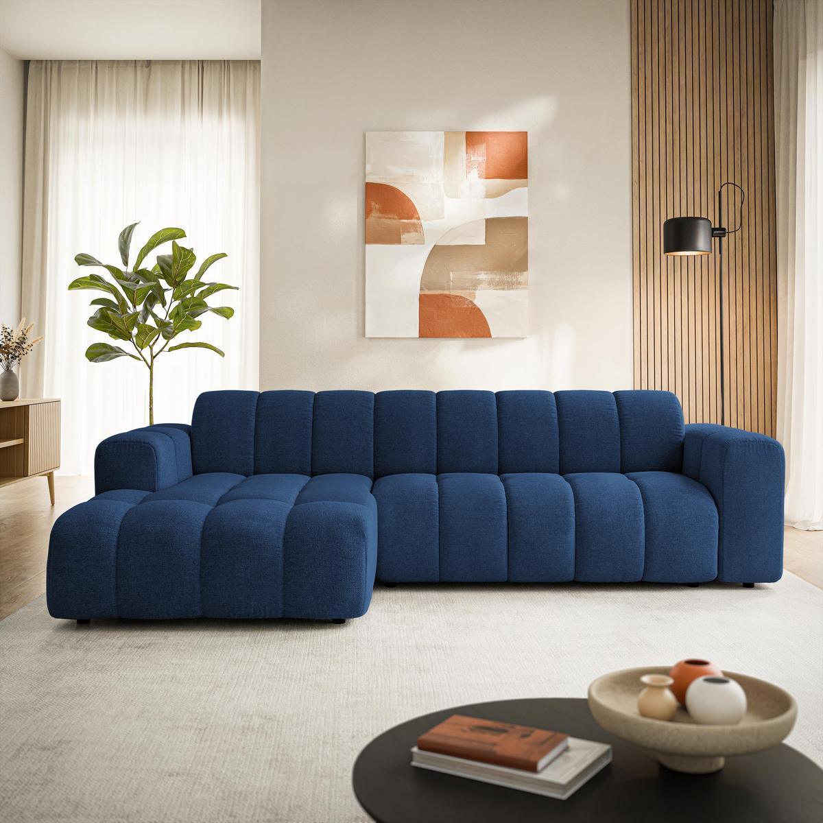 ECKSOFA SETIA Blau Strukturstoff mit Schlaffunktion - Blau, Holz (304/165cm) - MASSENO