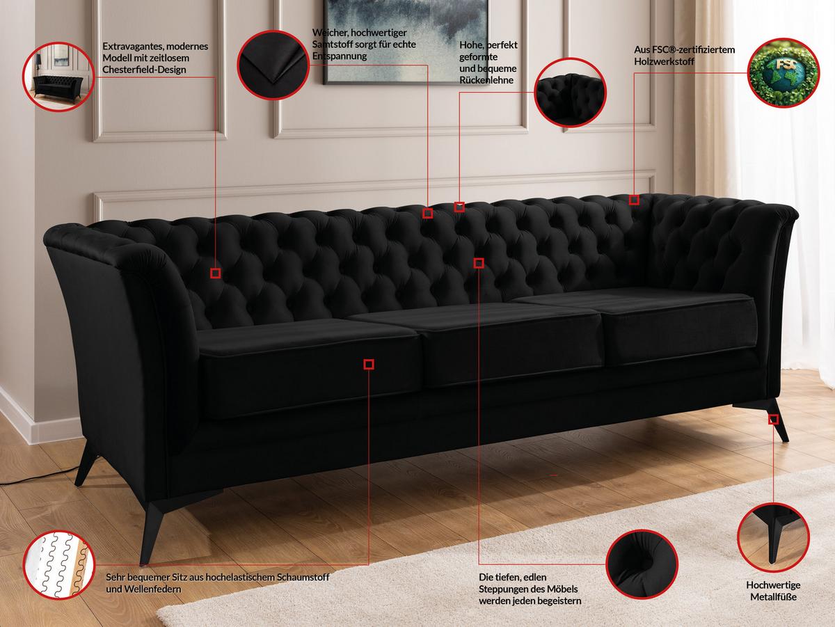 CHESTERFIELD-SOFA 3-sitzer Whitby Schwarz Samt mit schwarzen Füßen - Schwarz, Holz/Textil (237/78/82cm) - S-Style Möbel