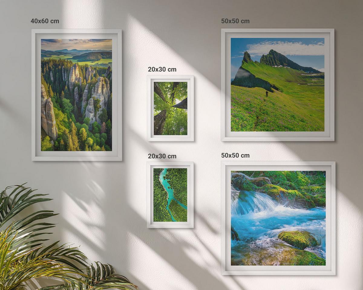 BILDER SET 5er Set - 50x50 cm & 20x30 cm & 40x60 cm Weißer Rahmen - Wasserfälle grüner Wald Wasser - Weiß, Kunststoff (40/60cm) - TULUP