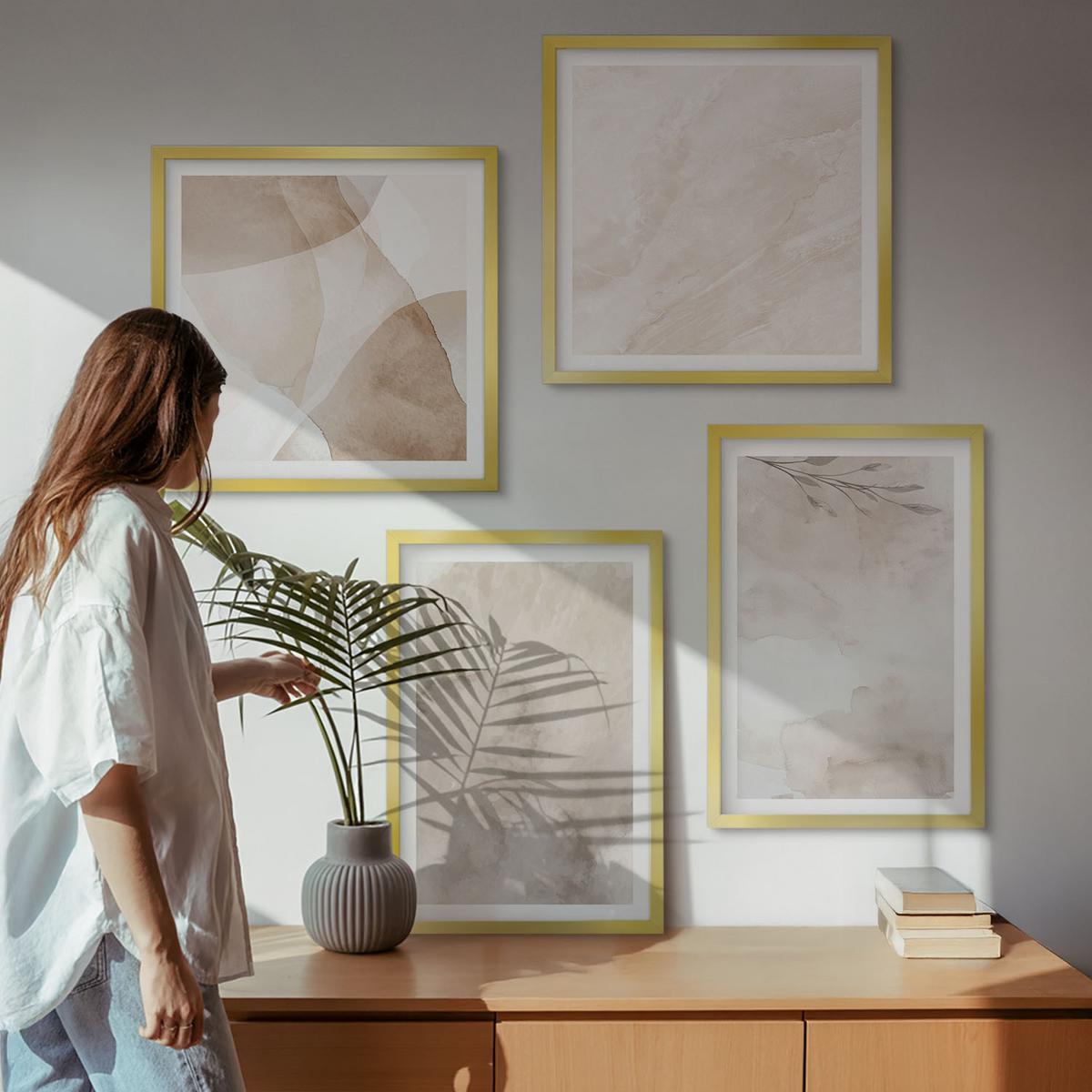 BILDER SET 4er Set - 50x50 cm & 40x60 cm Goldrahmen - Aquarellfarben, Boho-Texturen - Goldfarben, Kunststoff (50/50cm) - TULUP