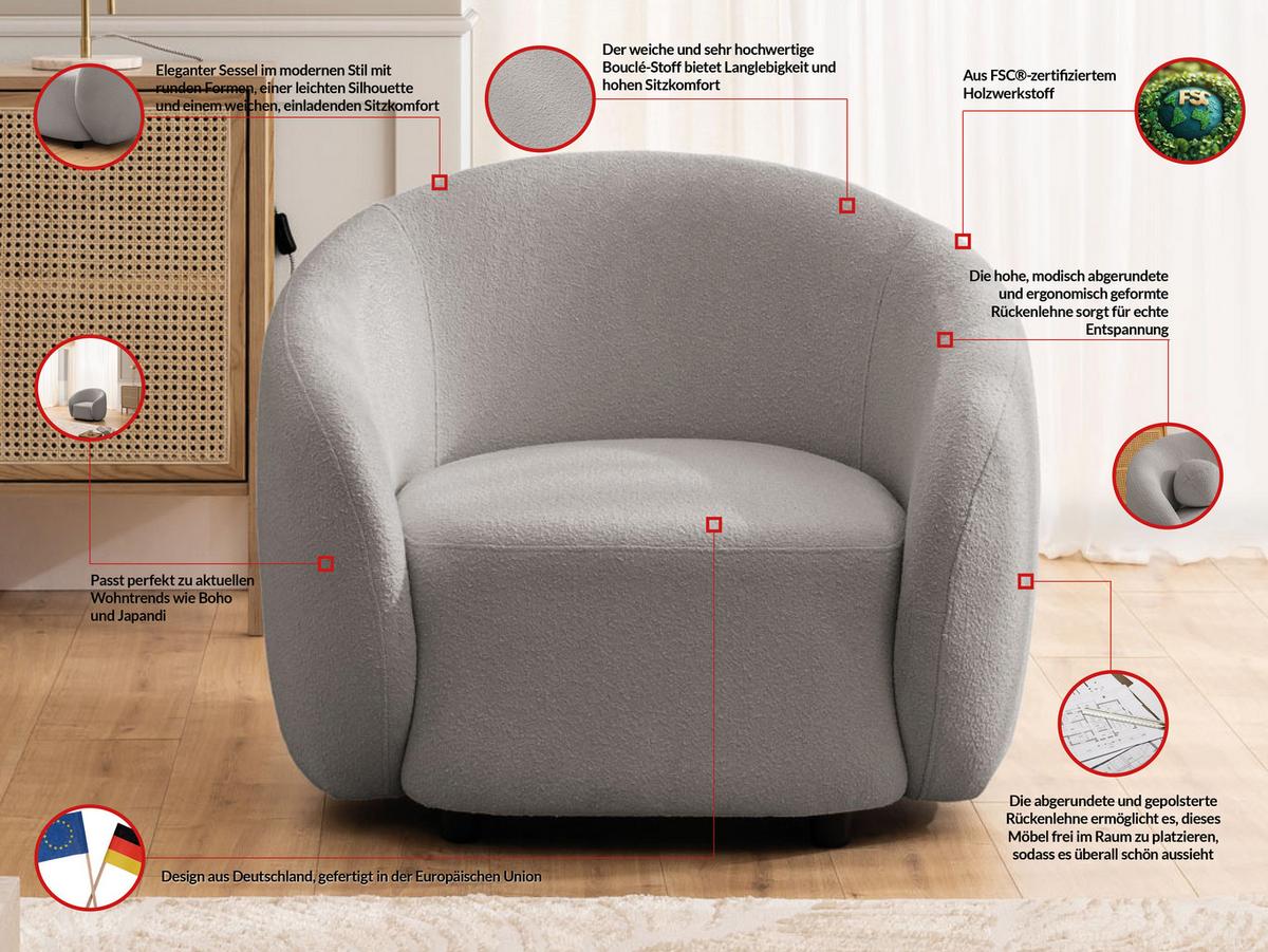 SESSEL Roundi Grau Bouclé - Schwarz/Grau, Holz/Kunststoff (90/76/80cm) - S-Style Möbel