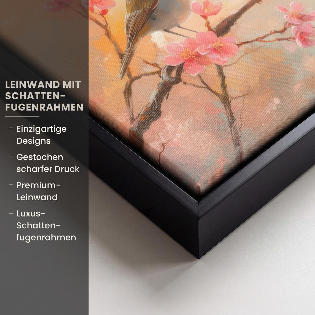 LEINWAND Bilder mit Rahmen - Rotkehlchen - Zierpflanze - Blütenzweig - 20x20 - Hellrosa, Textil (20/20cm) - MuchoWow