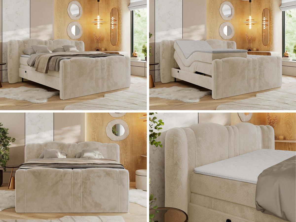 BOXBETT FORTINA 160/200 - Creme Plüsch - H4 - Creme, Holz/Textil (160/200cm) - MKS