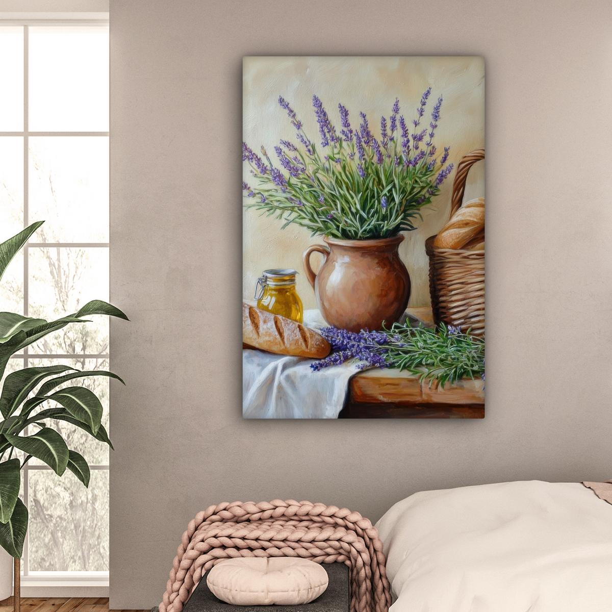 LEINWANDBILD Lavendel - Brot - Stilleben Deko XXL 80x120 cm - Flieder, Textil (80/120cm) - MuchoWow