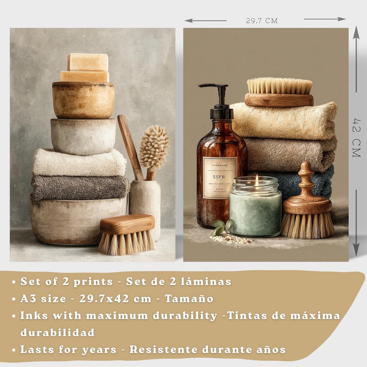 POSTER 2er-Set dekorative Badezimmer-Wandbilder und für Waschbecken, Dusche, WC mit Seifen, Handtüchern und Bürsten, Naturstil Leichter Holzrahmen A3 - Beige, Papier (42/29.7/3cm) - Nacnic