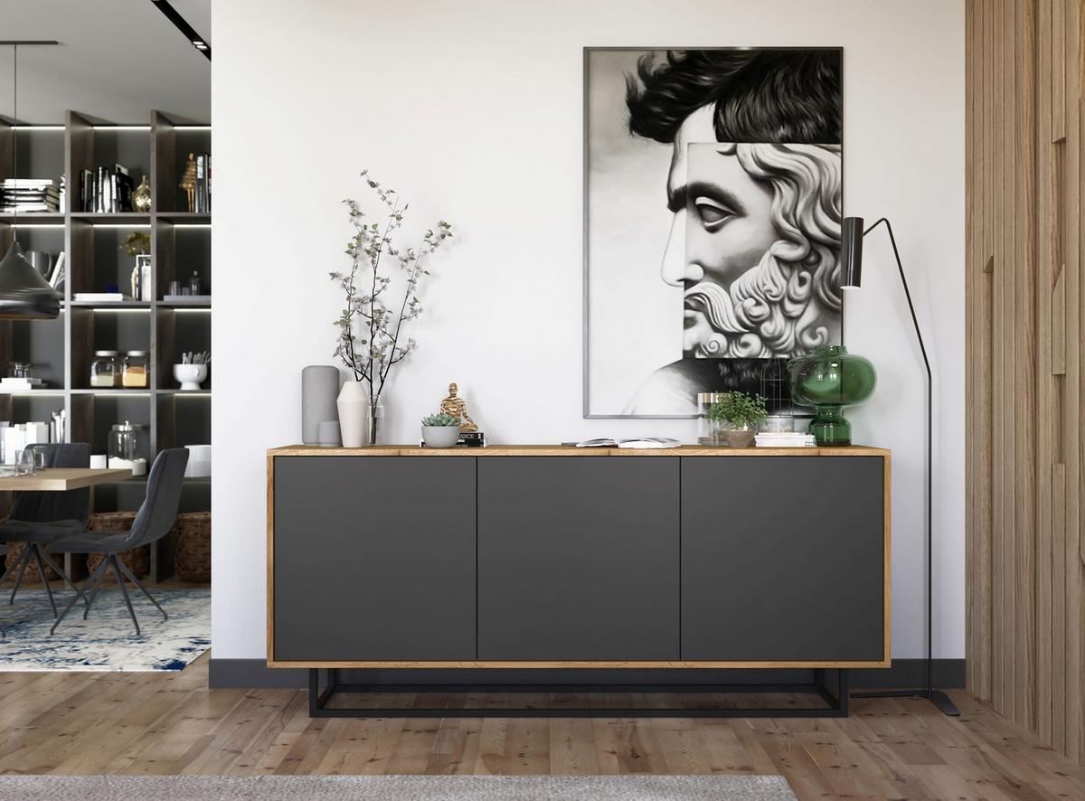 KOMMODE Apollo 3D Eiche wotan Graphit Matt 168 cm - Graphitfarben/Schwarz, Holzwerkstoff/Metall (168/72/35cm) - Meble Lindner