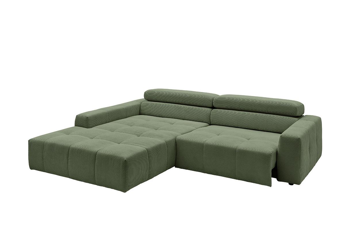 ECKSOFA MIT MOTORISCHEM SITZVORZUG RENO Grün Cord Relaxfunktion - Schwarz/Olivgrün, Kunststoff/Textil (258/217cm) - KAWOLA