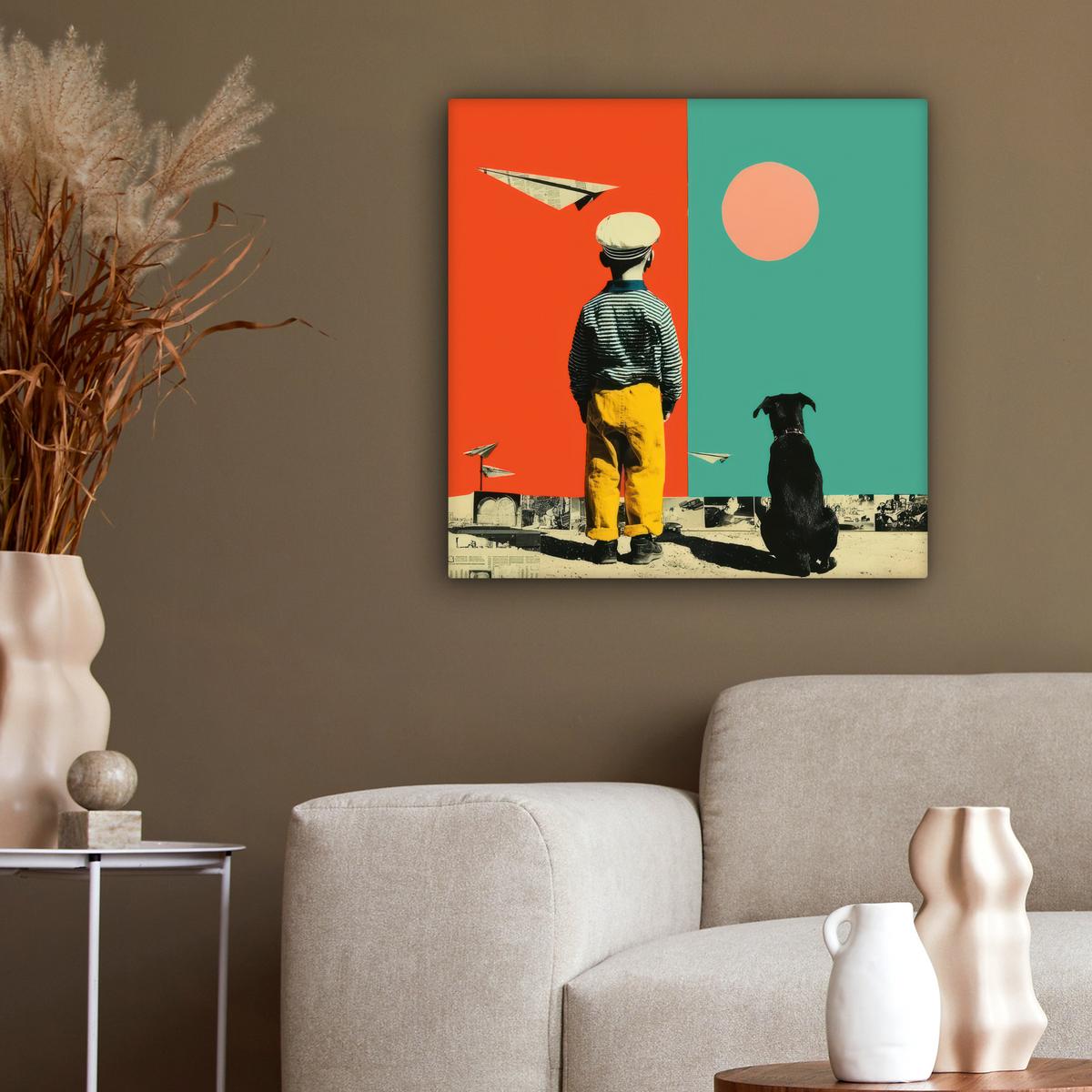 LEINWANDBILD Retro - Junge - Hund - Rot - Grün Wandbild Wohnzimmer 50x50 cm - Orange, Textil (50/50cm) - MuchoWow