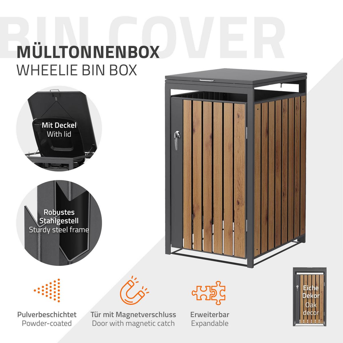 MÜLLTONNENBOX 1er Anthrazit-Holzoptik - Dunkelbraun, Metall (68/120/80cm) - ML-DESIGN