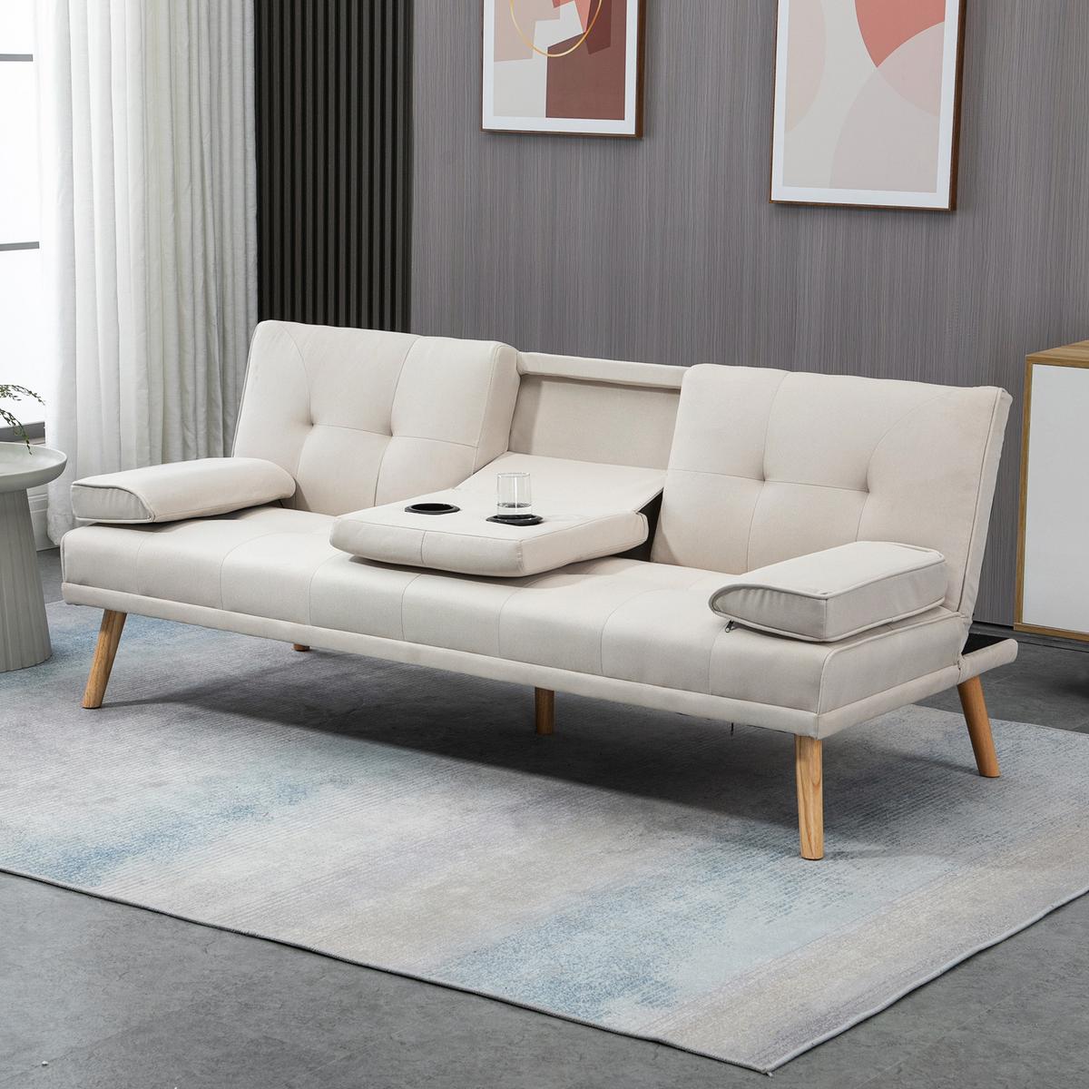 SCHLAFSOFA Sofabett Schlafcouch 3 Sitzer Leinen Beige - Beige/Naturfarben, Holz/Textil (77/78/181cm) - HOMCOM