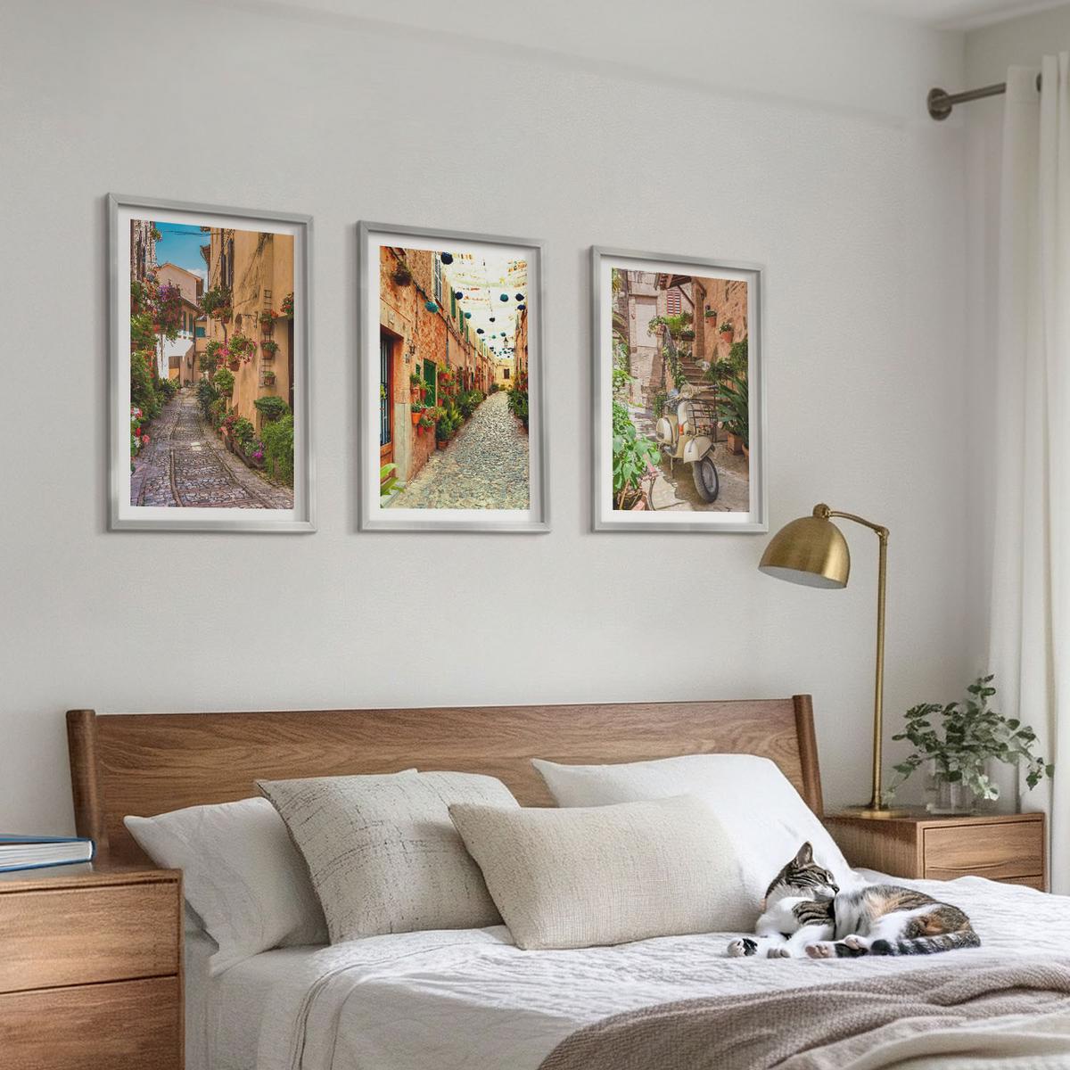 BILDER SET 3er Set - 40x60 cm Silberner Rahmen - Straßen, Blumen, italienisches Flair - Silberfarben, Kunststoff (40/60cm) - TULUP