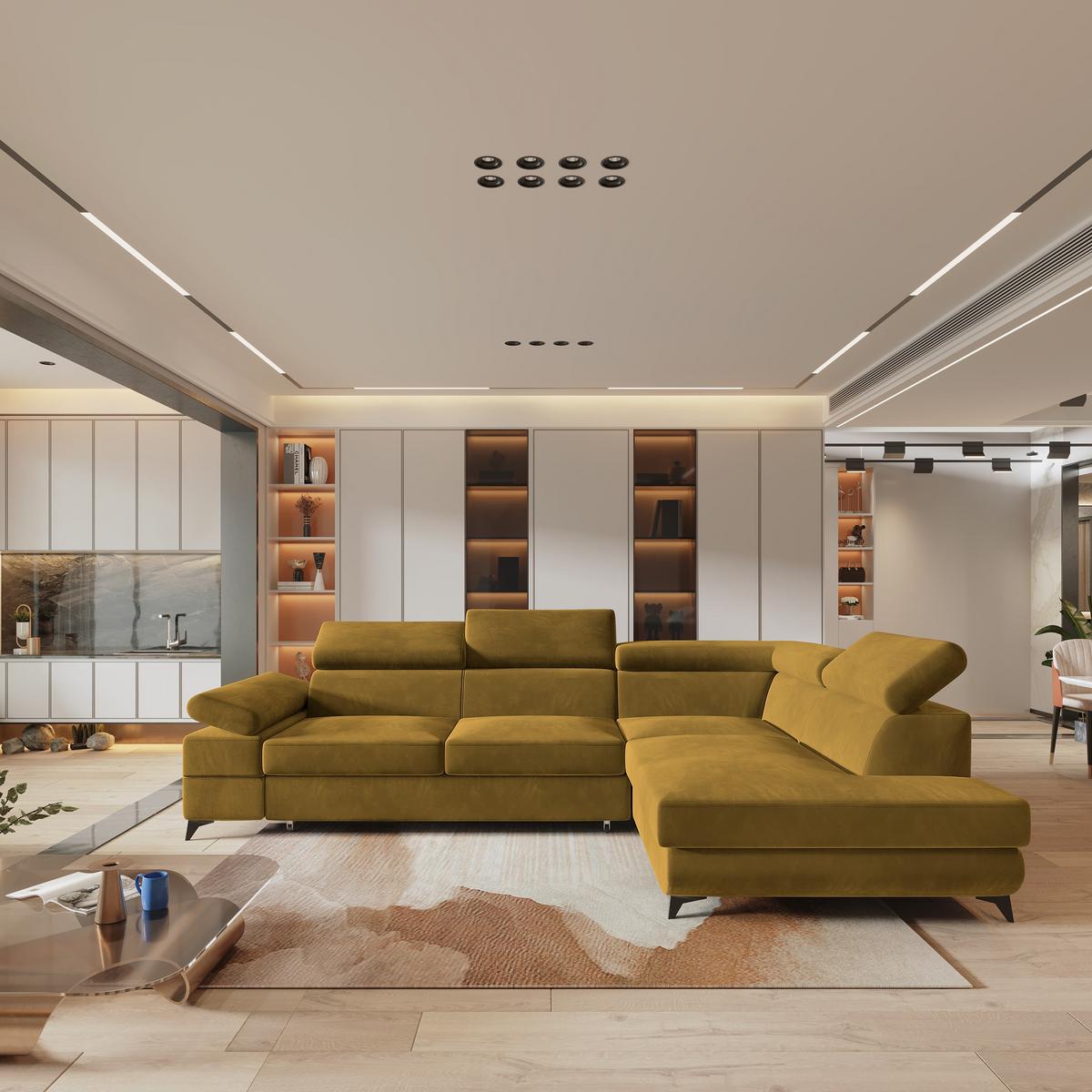 ECKSOFA FAVIEN R-S Gelb Velours-Stoff mit Schlaffunktion - Gelb, Holz (257/190cm) - MASSENO