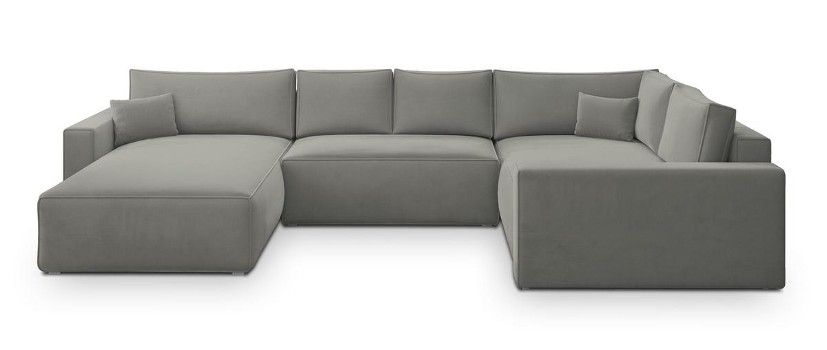 WOHNLANDSCHAFT VELAMI R-S Hellgrau Velours-Stoff mit Schlaffunktion - Hellgrau, Holz (365/83/194cm) - MASSENO
