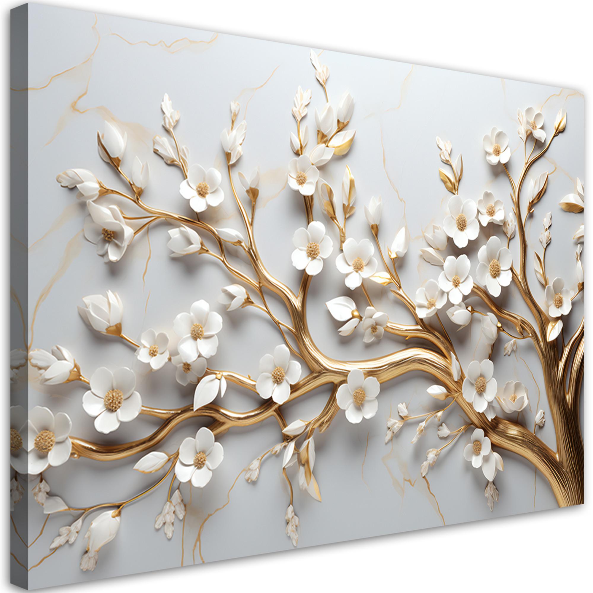BILD Blattgoldbaum 3D 120x80cm - Weiß, Textil (120/80cm) - Feeby