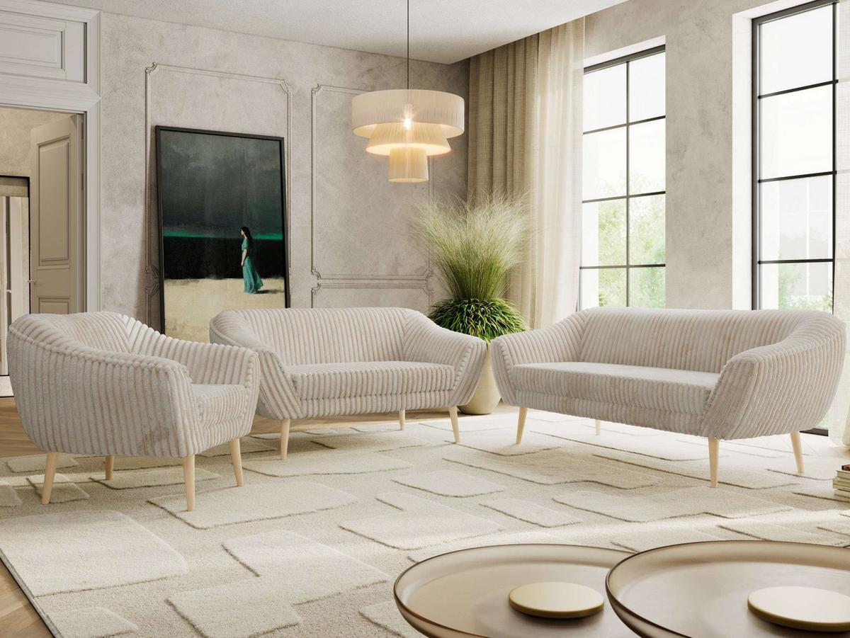 SITZGARNITUR PIRS 3+2+1 - Beige Cord - Holzbeine - Beige/Buchefarben, Holzwerkstoff/Textil (180/75/74cm) - MKS
