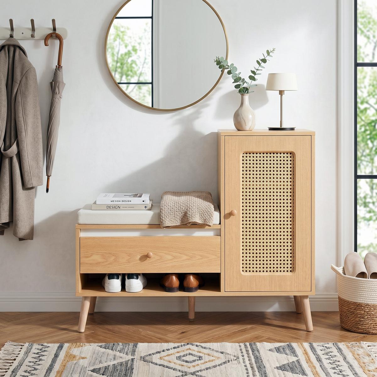 SCHUHSCHRANK in Holz-Optik – Schuhschrank mit Rattan-Tür & Sitzkissen - Naturfarben, Holzwerkstoff (95.5/80.5/35cm) - Urban Meuble