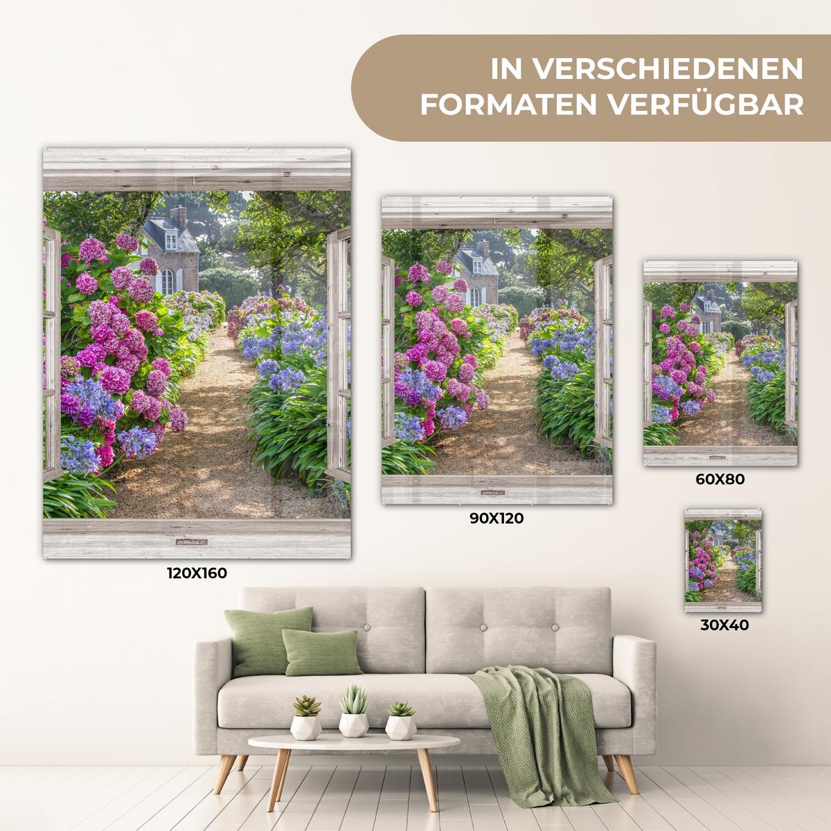 ACRYLGLASBILD Hortensie - Durchsichtig - Blumen - Sommer - Lila - Weg 60x80 cm - Lila, Glas (60/80cm) - MuchoWow