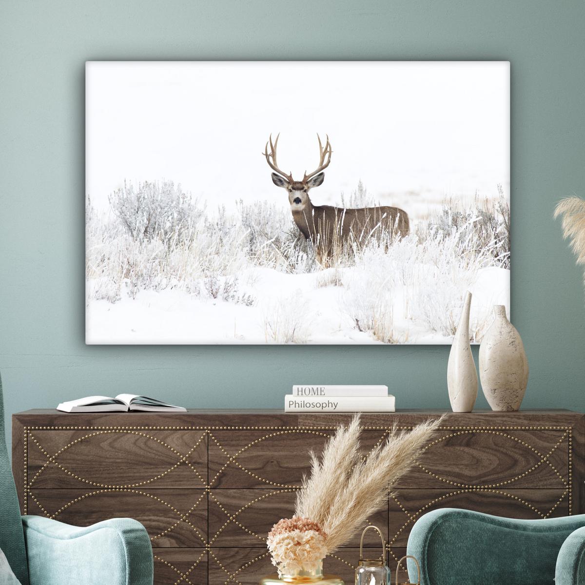 LEINWANDBILD Hirsche - Winter - Schnee - Tiere - Jahreszeiten - Weiß Wohnzimmer Groß 120x80 cm - Hellbraun, Textil (120/80cm) - MuchoWow