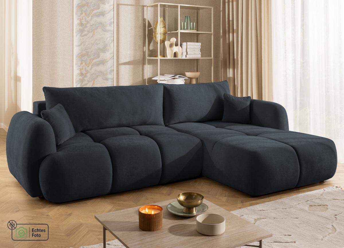 ECKSOFA Loretto aus natürlichem Schwarz Webstoff mit Schlaffunktion, Bettkasten und tiefen Steppungen in Bubble-Optik - Schwarz, Holz/Kunststoff (275/180cm) - S-Style