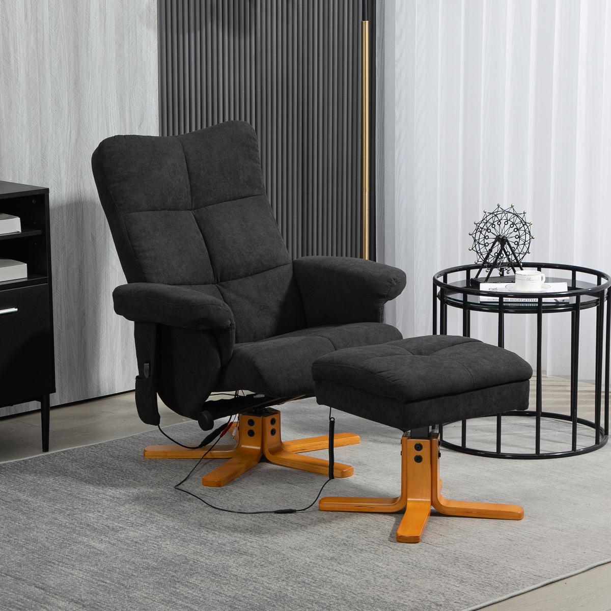 RELAXSESSEL mit Fußhocker, Stauraum, Massagesessel mit Liegefunktion Schwarz - Schwarz, Holz/Textil (86/99/80cm) - HOMCOM