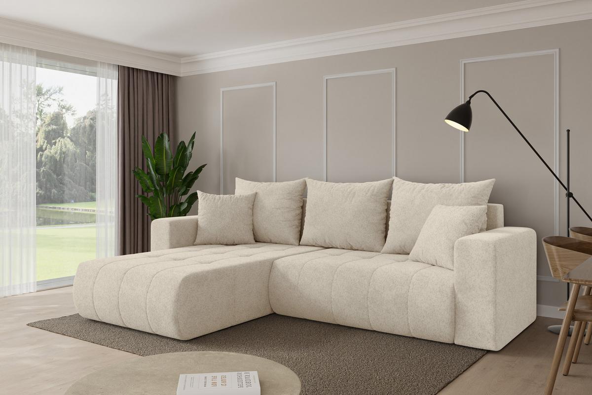 ECKSOFA mit Schlaffunktion Ottomane Links MILA-L 277x194x86 Creme Velours - Creme/Schwarz, Holzwerkstoff/Kunststoff (277/194cm) - ALTDECOR