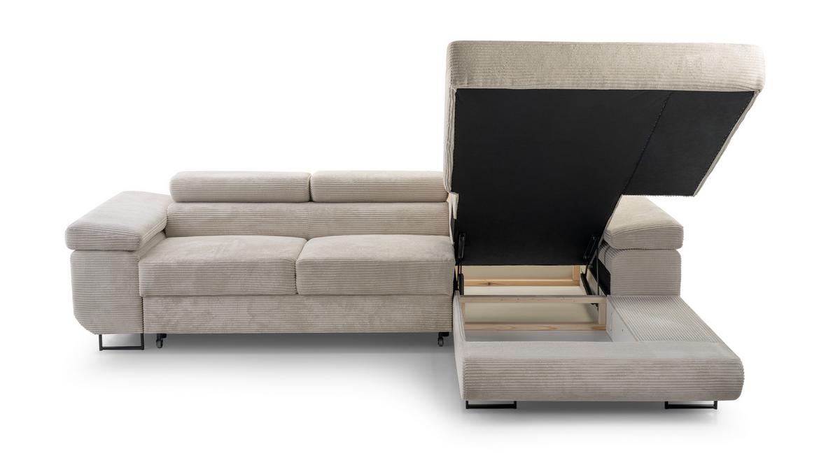 ECKSOFA GIULIO Beige Velours-Stoff mit Schlaffunktion - Beige, Holz (280/203cm) - MASSENO