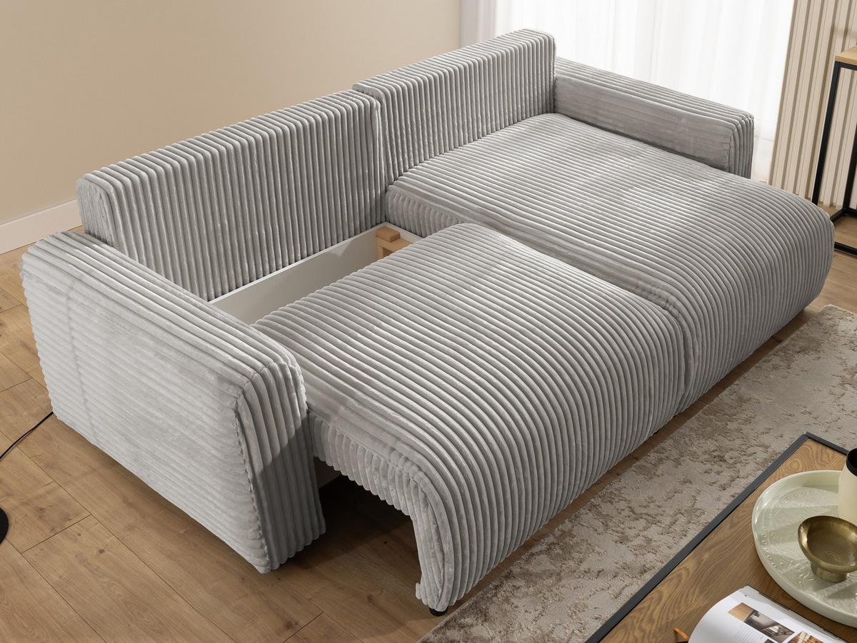 ECKSOFA Calma mit Schlaffunktion und Bettkasten im Bumpy-Design aus weichem Taupe Plüschcord - Ottomane rechts - Taupe/Schwarz, Holz/Kunststoff (140/239cm) - S-Style