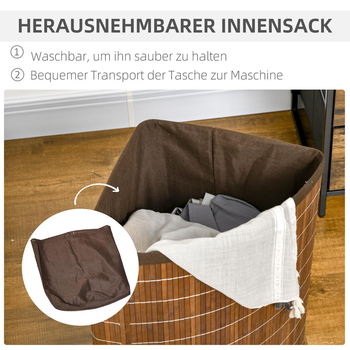 WÄSCHEKORB 55L Wäschesammler Wäschebox mit Deckel, Griff, Bambus, Braun - Braun, Naturmaterialien (38/57/38cm) - HOMCOM